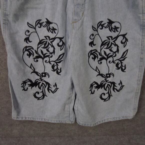 VINTAGE D'Mode Classix Bib Overalls Womens Medium Denim Floral Shortalls 90s - Picture 2 of 14